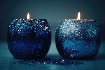 Two elegant, glittery, blue candles burn softly