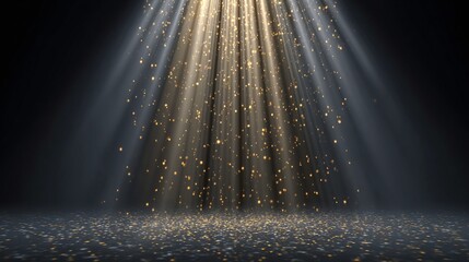 Rays of light stream down onto a dark stage with shimmering particles, creating a magical spotlight effect. Ideal for backgrounds and design elements.