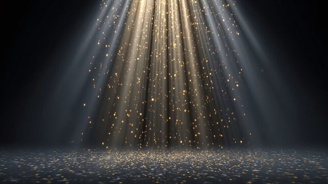 Rays of light stream down onto a dark stage with shimmering particles, creating a magical spotlight effect. Ideal for backgrounds and design elements.