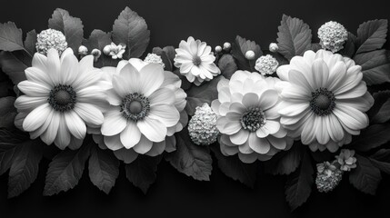 A grayscale arrangement of various flowers and leaves, creating a decorative border against a dark backdrop