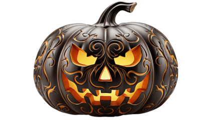 Black Halloween pumpkin, intricate carving, spooky festive decor, jack-o-lantern, 3D render, autumn, isolated on transparent background.
