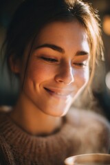 Fototapeta premium Smiling Face Holding Steaming Coffee in Sunlit Cozy Café Interior