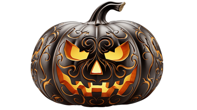 Black Halloween pumpkin, intricate carving, spooky festive decor, jack-o-lantern, 3D render, autumn, isolated on transparent background.