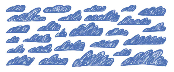 Crayon clouds set. Naive hand drawn sky pack. Kids chalk textured elements. Pastel scribble cloudy weather speech bubbles. Vector blue wax pencil drawing illustration on white background.