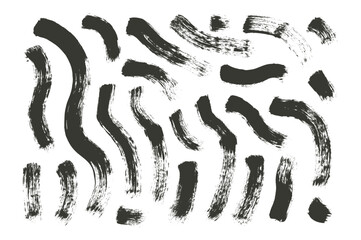 Ink wavy brush stroke lines. Hand drawn black ink vector long shapes. Paintbrush dye linear scribble elements set isolated on white background. Marker thick grunge curved strips.