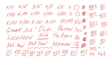Exam grade marks crayon doodle set. School test results different hand drawn sings. Teacher scores of student homework. Vector handwritten scribble marker academic symbols on white background.
