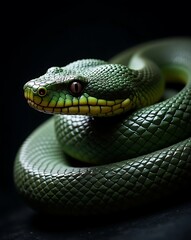 Fototapeta premium Photorealistic Close-Up of a Coiled Snake with Glossy Scales and Intense Eyes Under Dramatic Lighting on a Black Background