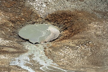Mud volcano at Gobustan national park erupt. Azerbaijan