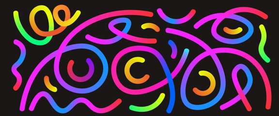 Colorful gradient wavy lines background template. Wave abstract long shapes collection. Decorative squiggles set. Rainbow curved spirals elements. Vector swirls. Carnival gradations liquid twists.