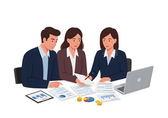 Business team sitting around a table discussing work and planning strategy. They look focused and professional in their office environment