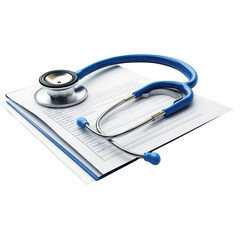 Blue stethoscope rests on medical forms symbolizing healthcare diagnosis and patient records on transparent background