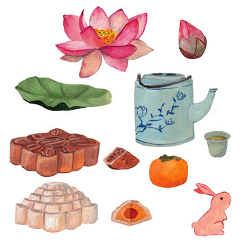 Asian Mid autumn festival elements. Vietnamese, Chinese, Korean culture watercolor paintings. Moon cakes, tea pot and cup, lotus flower, cute rabbit watercolor illustrations. Traditional festival. 