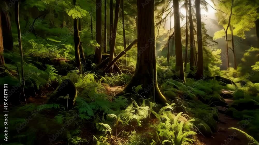 Poster Sunlight streams through tall trees in a dense green forest with ferns and moss covering the ground and a barely visible path.