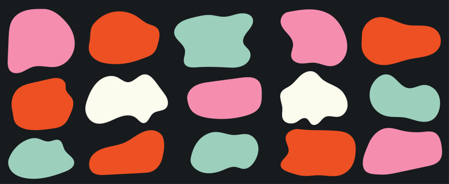Abstract blob shape organic vector elements in pastel retro vintage colors. Wavy liquid irregular forms in simple minimalistic style. Modern text box any shape collection.