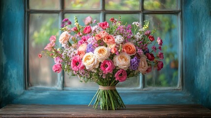 Fototapeta premium A vibrant bouquet of mixed flowers sits on a wooden sill in front of a window