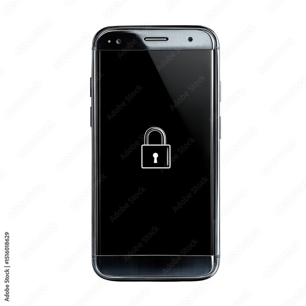 Poster secure mobile device data protection smartphone with padlock icon representing digital on transparen
