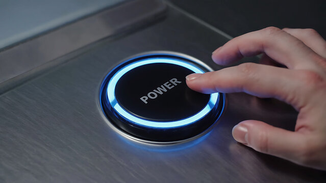 Close up of finger press on glowing power button, Energy switch power turn on, off symbol. Electric power, Technology and innovation concept
