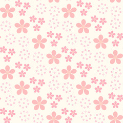 Seamless pattern of simple pink flowers and circle clusters on a soft beige background, perfect for textiles, wallpapers, vector background