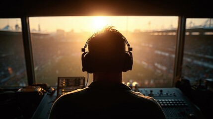 Broadcaster overlooking an event. The sun sets over a crowded venue as this person intently monitors the action, connected through headphones, ready to broadcast.