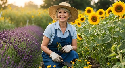 Happy Gardener in Sunflower and Lavender Field