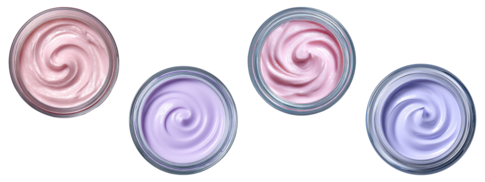 Set of open beauty cream jars with pastel swirl texture