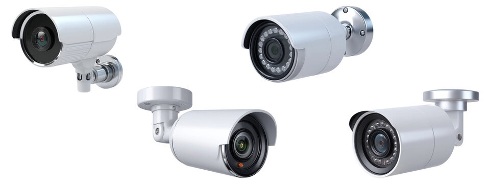 Set of modern white security CCTV cameras