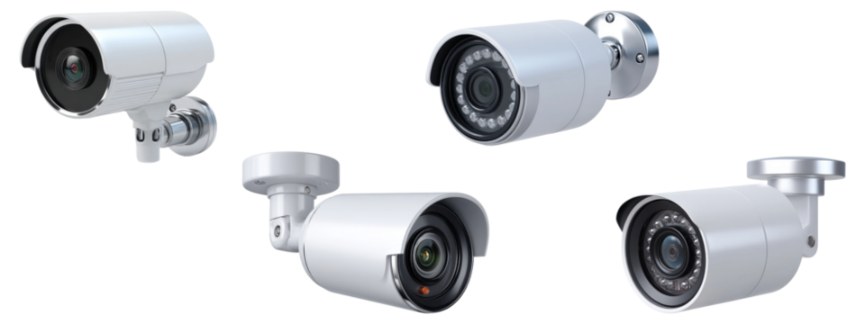 Set of modern white security CCTV cameras