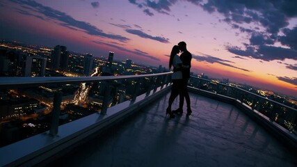 Romantic partners holding each other closely, kissing passionately during golden sunset, urban skyline creating dramatic backdrop with warm, vivid evening light