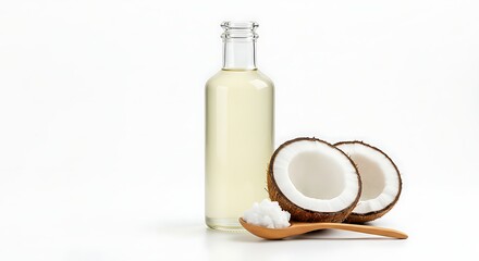 Coconut Oil Bottle with Fresh Halves and Spoon on White Surface
