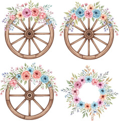 Fototapeta premium ustic Wooden Wheels Decorated with Watercolor Flowers