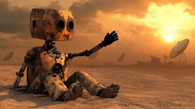 Rusty Robot Waving Hello on a Desert Planet with Satellite Dishes in the Background