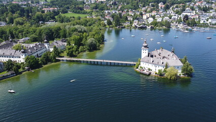 castle Ort / Seeschloss Ort in Gmunden at lake Traunsee in Upper Austria, aerial photography