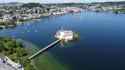 castle Ort / Seeschloss Ort in Gmunden at lake Traunsee in Upper Austria, aerial photography