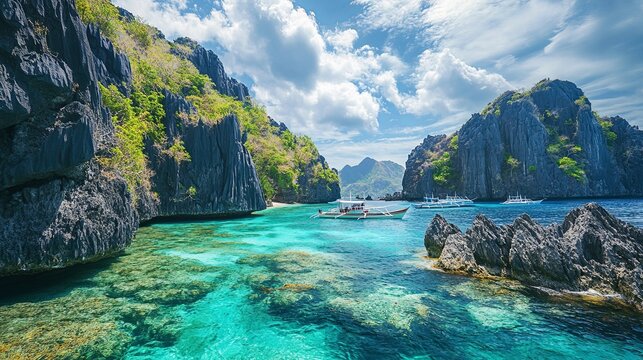 Serene coastline with turquoise water and rocky cliffs.