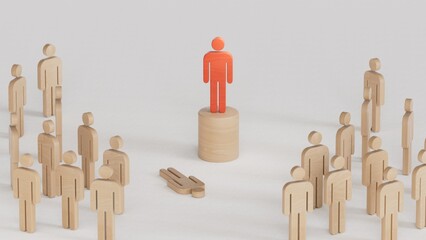  a red leader in front of the crowd. Head Offset. Business optimization, replacement of key employees with loyal ones. Change of power. Anti corruption.3D rendering on whitebackground.