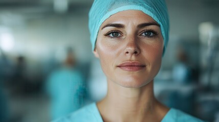 A determined female medical professional stands ready for her duties in surgical scrubs, highlighting her confidence and dedication to her vital role in healthcare environments.