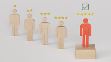 Wooden figure smiley with five golded stars and standing on cube for select the best client and...