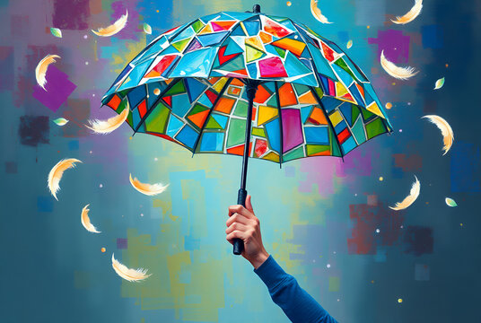 Symbol for hypersensitivity and distorted threat perception, common in anxiety disorders - A person holding an umbrella made of broken glass, shielding them from soft feathers falling from the sky