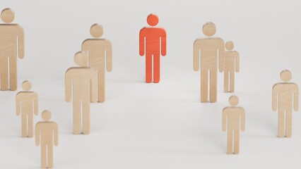Wooden figure standing with team to show influence and empowerment. Concept of business leadership for leader team.3D rendering on whitebackground.