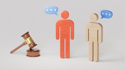 Wooden figures of people standing near the judge's gavel. Litigation. Business rivals. Conflict of...