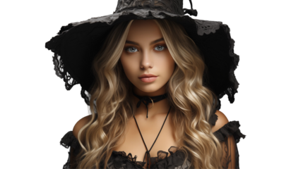 Blonde witch portrait, black lace hat, elegant Halloween costume, mysterious fashion model, studio shot, isolated on transparent background.