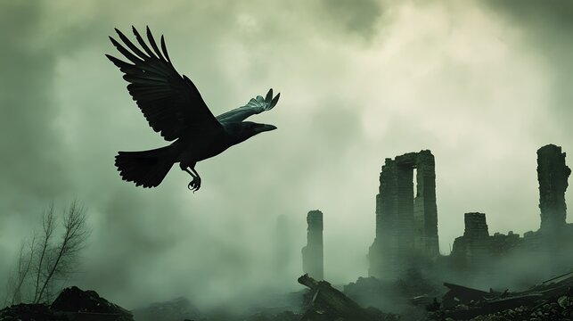 A lone raven flying over desolate ruins