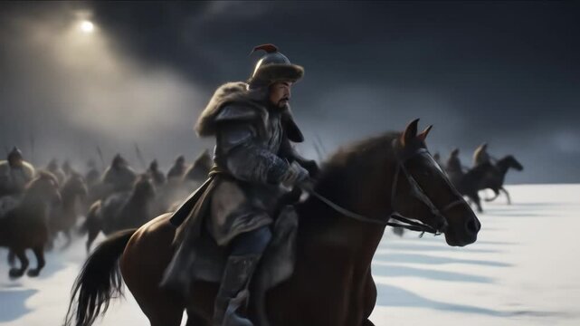 Mongolian Warrior Leads His Army on Horseback Through a Snowy Landscape