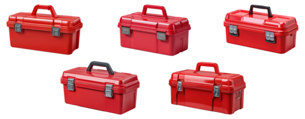 Set of red plastic toolboxes with black latches