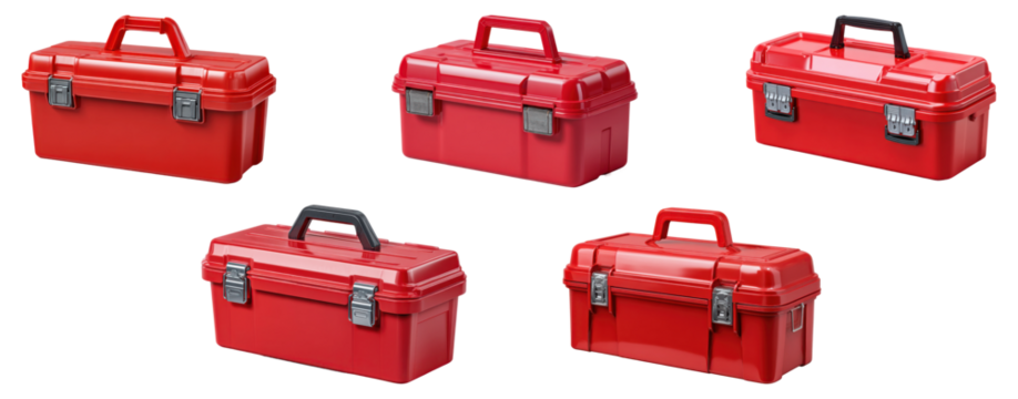 Set of red plastic toolboxes with black latches