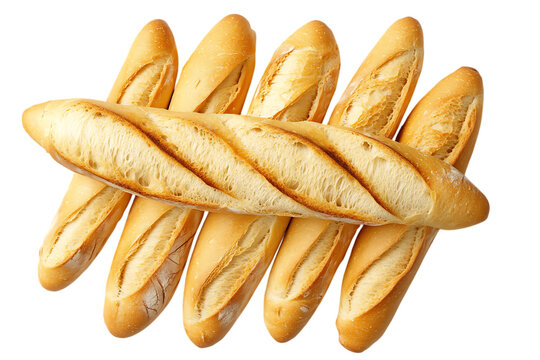 Several freshly baked baguettes stacked against a trasparent background