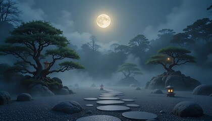 Serene Moonlit Japanese Garden Path