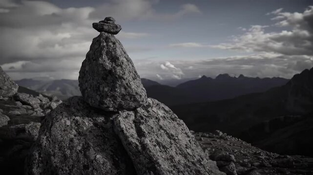 Zen Stone Balancing At Mountain Peak Under Cloudy Sky Peaceful Landscape