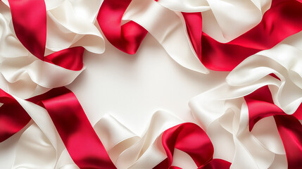 Top view of red and white ribbons swirling on neutral background, elegant arrangement, Independence Day in Peru.