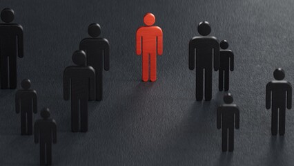 Wooden figure standing with team to show influence and empowerment. Concept of business leadership for leader team.3D rendering on black background.